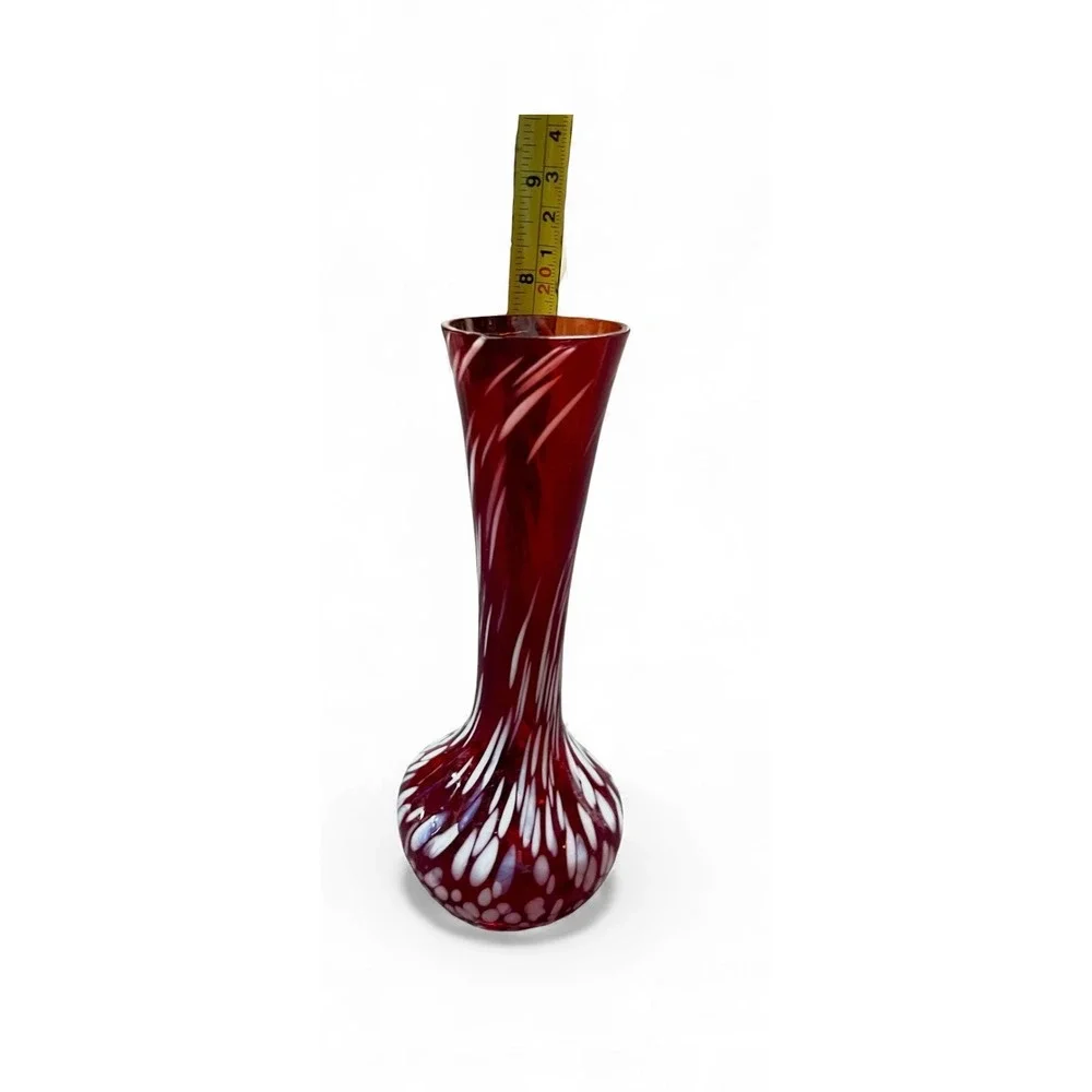 Hand Blown Red Swirl Glass Bud Vase Decorative Accent
